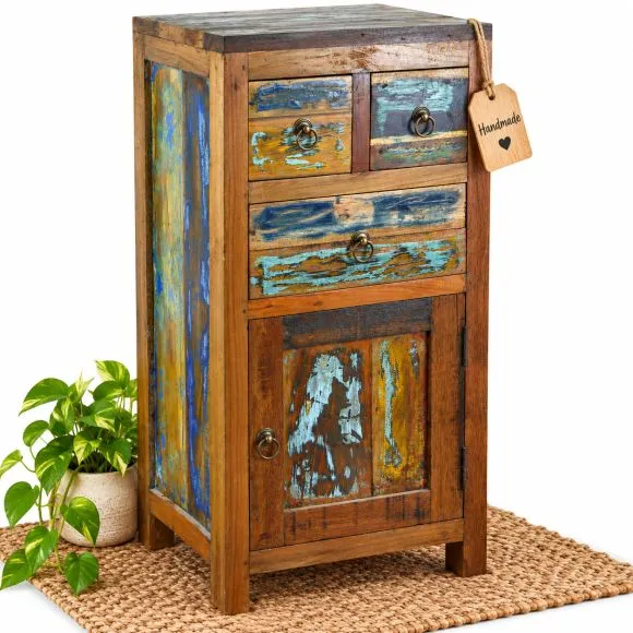 Java Teakholz-Kommode, Nachtschrank, aus recyceltem, bunten Bootsholz,  Nr.371