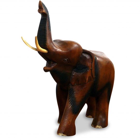 Holzelefanten, Elefant aus Holz, Glückselefant, Rüssel oben, mittel
