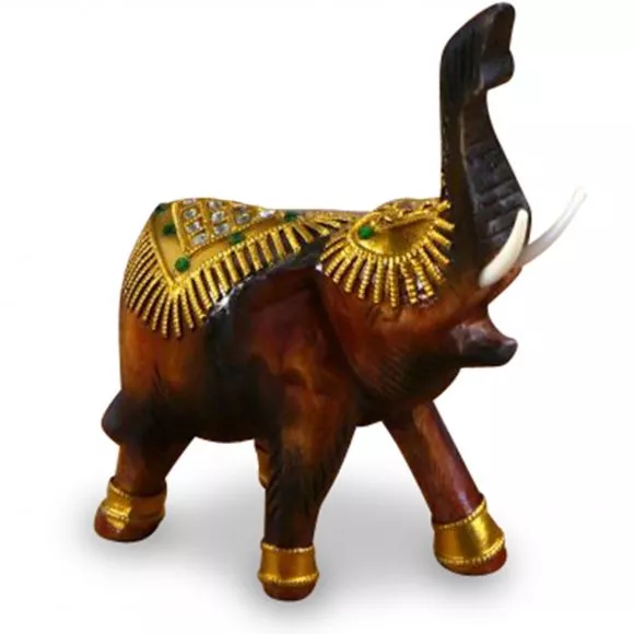 Holzelefanten mit goldfarbener Verzierung Gl�ckselefanten, R�ssel oben, klein