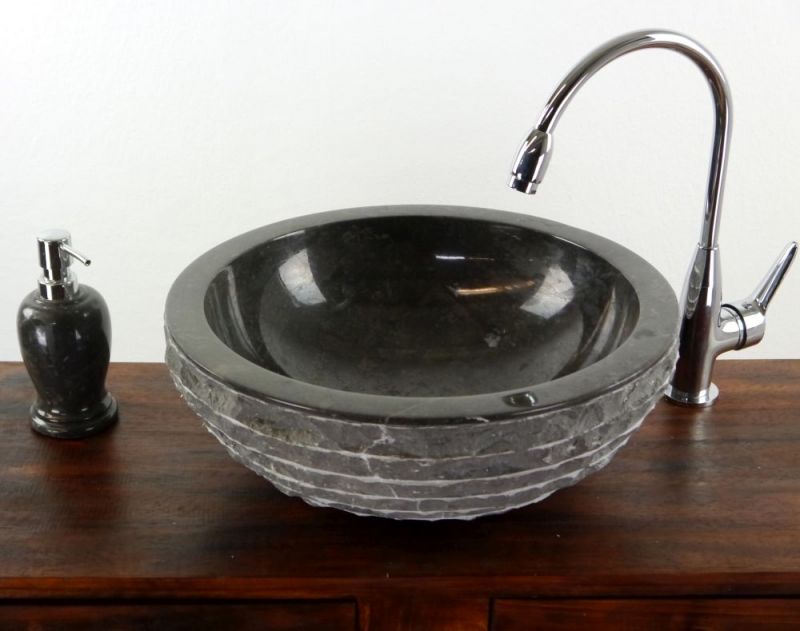 Waschbecken aus Marmor, rund, schwarz, Bali (Indon