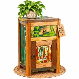 Java Teakholz-Nachtschrank aus recyceltem, bunten Bootsholz,  Nr.318