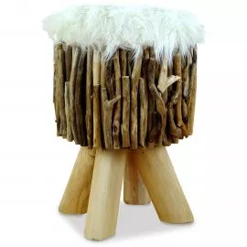 Teakholz-Hocker, rund, mit Fell-Sitzflche, aus Java (Indonesien)