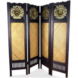 Massivholz / Rattan  Paravent  Raumteiler 4tlg